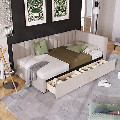 Twin Size Daybed With2 Drawer Upholstered Bed Frame Sofa Bed With Storage Beige • $345.99