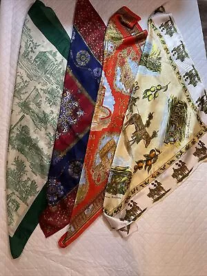 Scarves Lot Of 4 Square 30”- 33” Mixed Print Italy  Silk  Acetate Mostly Vtg • $15