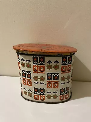 Retro Floral Orange & Cream Biscuit Tin Retro For Coins Buttons Knick-Knacks • £5.99