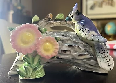 Vintage Victoria Ceramics Planter ￼Blue Bird On Log Pink Flowers Japan 1950’s • $19