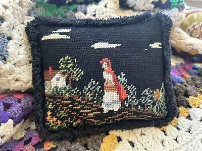 Vintage Needlepoint Embroidered Pillow Little Red Riding Hood Fringed 8x7” • $29