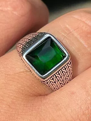 Mens Plain Real 925 Sterling Silver Green Simulated Emerald Stone Ring Hip Hop • $33.37