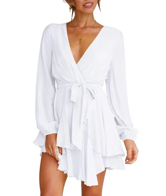 $19.99 • Buy Cosonsen Womens Cute Mini Dress Deep V-Neck Balloon Sleeve Ruffle Short Dress