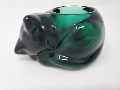 Vintage Indiana Glass Emerald Green Sleeping Cat Votive Tea-light Candle Holder • $9.99