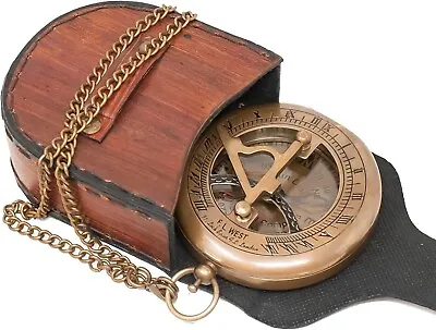 Unique Gift For Men With Leather Case And Chain Brass Sundial Compass • $32.99