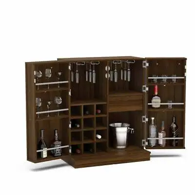Brown Finish Folding Home Bar Cabinet Liquor Wine Rack Storage Mini Compact Pub • $357.90