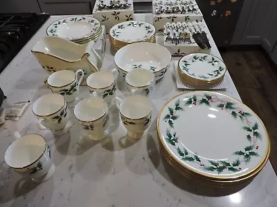 Mikasa Bone China Ribbon Holly Japan Set 28 Pieces + Silverware • $350