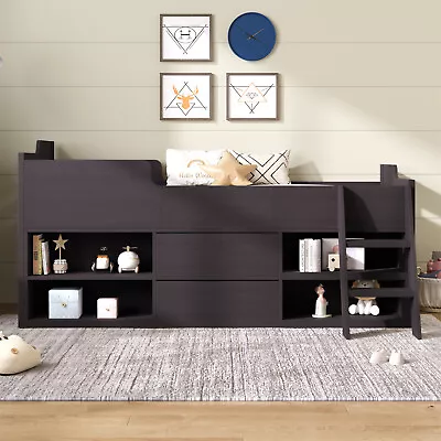 Kids Wooden Cabin Bed Mid Sleeper Bed Frame Storage Bed W/ Drawers & Shelves NS • £269.99