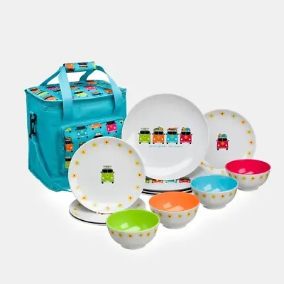 12 Piece Melamine Dinner Set With Cooler Bag Picnic Crockery Caravan Motorhome • £49.99