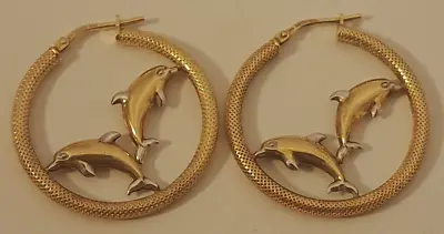 VINTAGE Sterling Silver DOLPHINS Gold Plated Dangle Earrings 1.25  JORDON MOM • $22