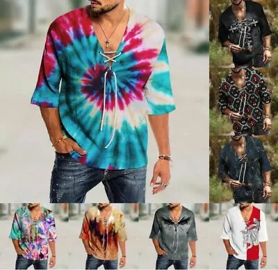 Mens Cotton Linen Henley Shirt Drawstring Half Sleeve Hippie Casual Beach Tops • $38.26