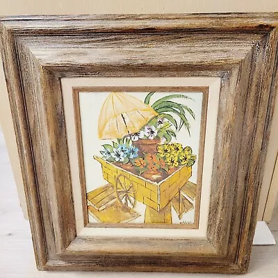 Vtg Signed Framed Oil Painting Spring Flowers Yellow Umbrella Wheeled Brown Cart • $19.99