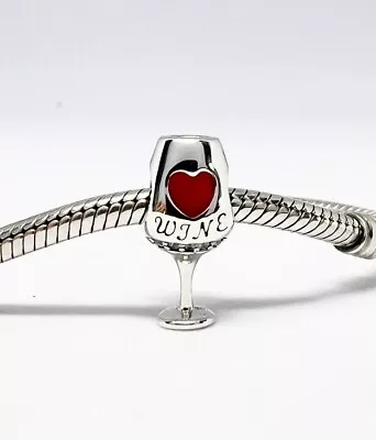 💖 Red Wine Glass Charm Bead Love Heart Genuine 925 Sterling Silver & Enamel 💖 • £16.95