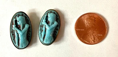 $16.99 • Buy 2 Vintage Oblong Brass Back Carved Blue Stone Pharoah Sewing Buttons