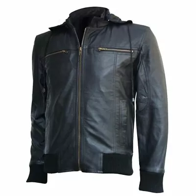 Leather Genuine Lambskin Men's Jacket Bomber Black Leather Jacket With Hood • $125.77