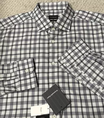 Ermenegildo Zegna NWT Button Front Shirt XXL Traveller White Grey Multi Check • $195