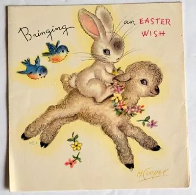Vintage M. Cooper Bunny Riding On Lamb 1946 Easter Card Adorable • $8