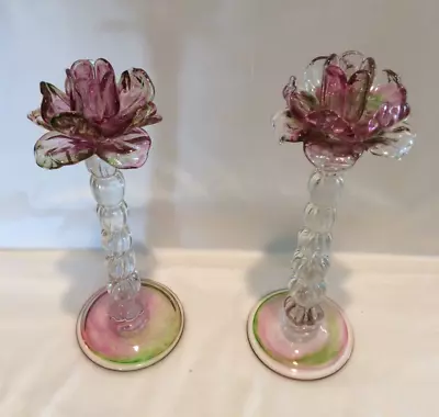 Pink & Green Flower Venetian Floriform Glass Cand Holders ( SET OF 2) • $75