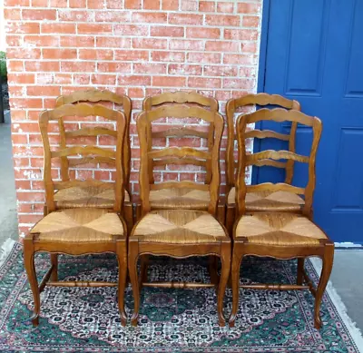 Set Of  6 French Louis XV  Antique Oak Rush Seat Dining Chairs • $2400