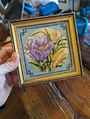 Miniature Needlepoint Flower - Framed And Ready To Hang! • $24