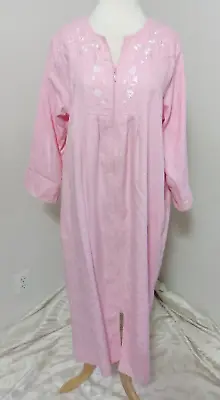 Miss Elaine Long Housecoat Robe L Front Zipper Pink Embroidered  • $16