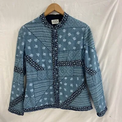 Caroline Charles London Embroidery  Patterned Blue Silk Jacket Sz 12 RRP £795 • £69.99