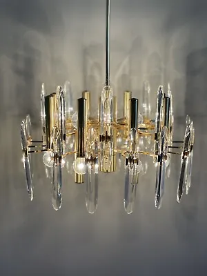 SCIOLARI Chandelier Vintage Crystal Clear Glass Brass Mid Century Modernist • $2750