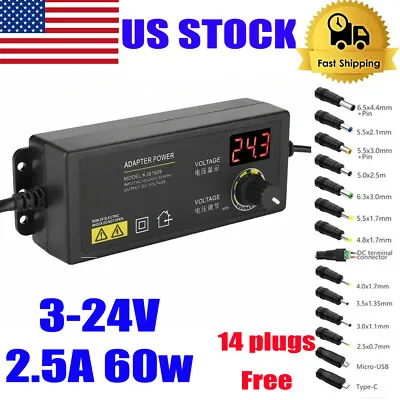 60W Power Supply Adjustable Variable Voltage DC 3V~24V Universal  AC/DC Adapter • $15.99