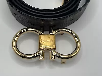 Salvatore Ferragamo Grainy Leather Reversible Black Brown Belt Gold Buckle $550  • $139.99
