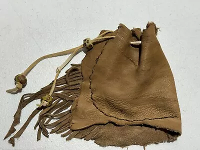 Vintage LEATHER MEDICINE BAG Native American POUCH Fringed Small Brown Beads • $17.99