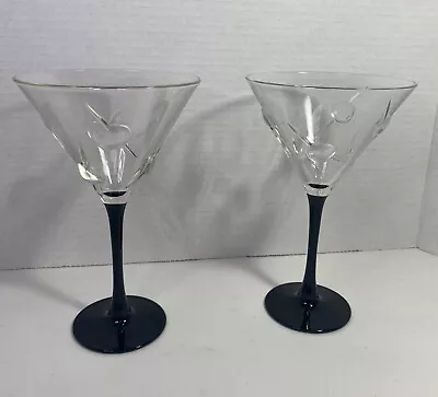 Pair Of Martini Cocktail Glasses Black Stem Embossed Olives Toothpicks 3D • $30