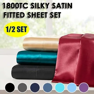 $9.99 • Buy 1/2 Set 1800TC Silk Satin Queen King Double Size Bed Sheet Set Fitted Sheet Set