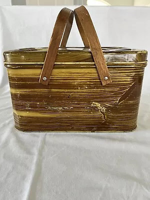 Kitschy! Vintage Woodgrain Metal Tin Picnic Basket Wood Handles New York Can Co. • $20