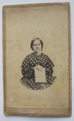 Antique 1880 CdV Photograph WOMAN IN POLKA-DOT DRESS HOLDING BOOK • $10