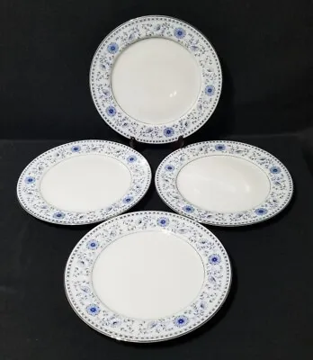 Set Of 4 - Mikasa Fuji Dinner Plates Blue Floral Sprays Platinum Trim Preowned • $40