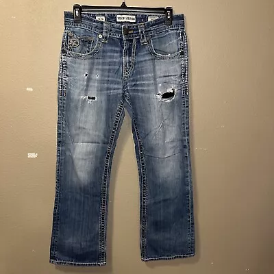 MEK Denim Newborn B Boot Cut Mens Distressed Blue Jeans 32x32 • $24.95