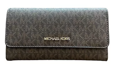 Michael Kors Women’s Jet Set Travel Trifold Wallet Brown Black Signature MK • $32