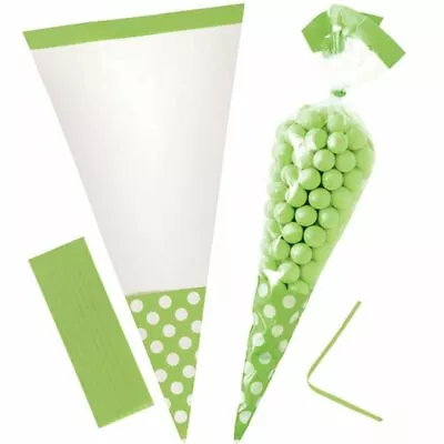 10 Polka Dot Spots GREEN Treat Loot Party Sweet Candy CONE Bags & Twist Ties • £2.29