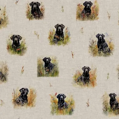 Cotton Rich Linen Look Fabric Black Labrador Retriever Dog Upholstery • £1.50