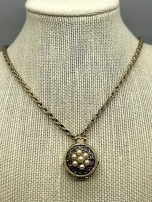 Coro Pegasus 4 Picture Locket Goldtone Imitation Pearls Pendant & Necklace 24” • $86.99