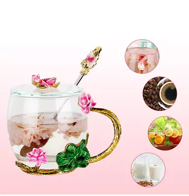 Office Coffee Mug Enamel Water Cup Glass Cup Flower Tea Lotus Cup With Lid Spoon • $38.62