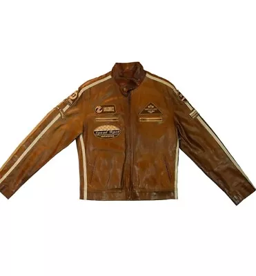 Men's Heavy Brown Leather Motorcycle Jacket Size S • $59.99