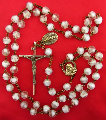 Vintage GLASS Rosary CLEAR WHITE SWIRL Rosary MARY JESUS Catholic Large Rosary • $18.39