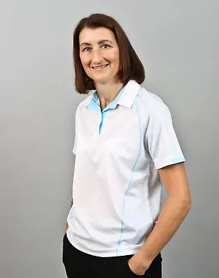 Henselite Ladies Lawn Bowling Signature Polo. White Powder Blue • £36.99