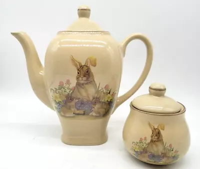 Vtg Bunny Rabbit & Babies Teapot W/ Lidded Sugar Bowl Set Easter Spring 8.5  Lg. • $17.99
