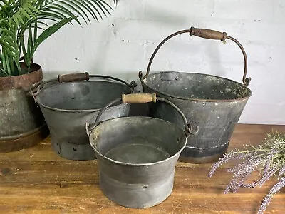 Set 3 Vintage Reclaimed Galvanised Metal Planter Tubs Pail Bucket Wooden Handle • £65