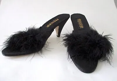 Vtg Unworn Pleaser Black Marabou Slides Shoes Kitten Heels Feathers Boudoir 8 • $45