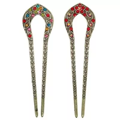 2 Pcs Vintage Hair Stick Crystal Rhinestone Double Prong Hair Pin Stick Hairstyl • $11.44