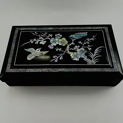 Vintage Chinese Inlaid Mother Of Pearl Abalone Shell Lidded Wood Trinket Box • $34.99