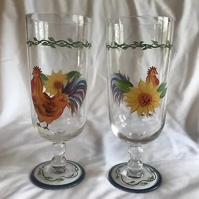 2 Vintage Hand Painted Rooster Flower Footed Tumblers Excellent 16 Ounce • $9.99